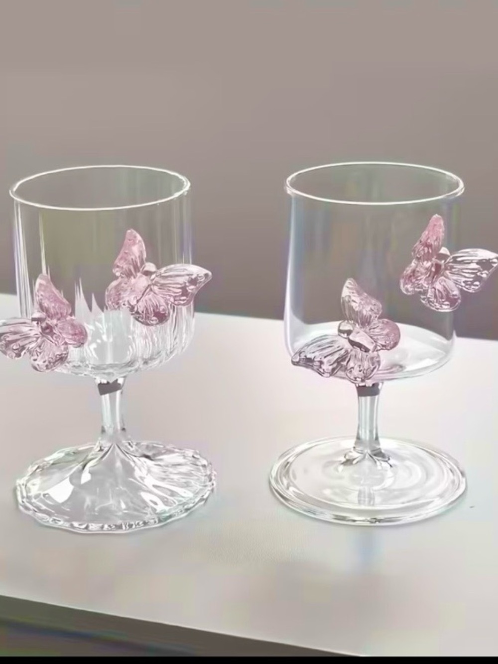 NEW Elegant Pink Butterfly Special Occasion Stemmed Glasses Set of 2